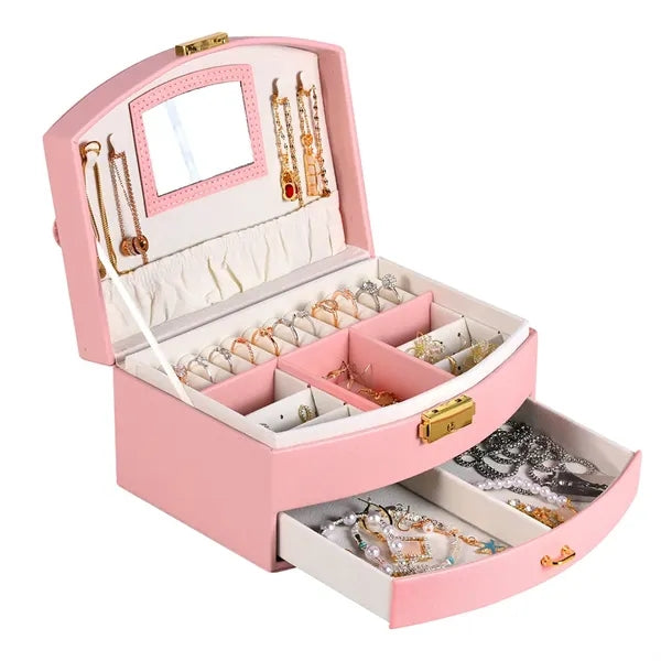 Portable Multi-slot Jewelry Box with Mirror Removable Drawer