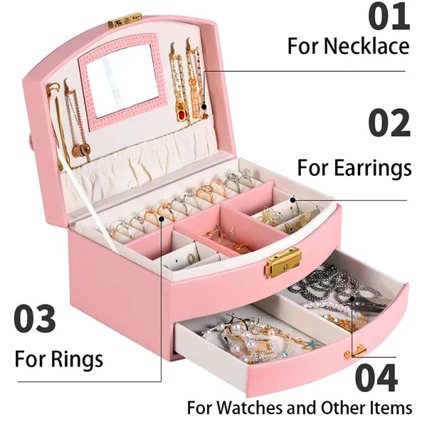 Portable Multi-slot Jewelry Box with Mirror Removable Drawer