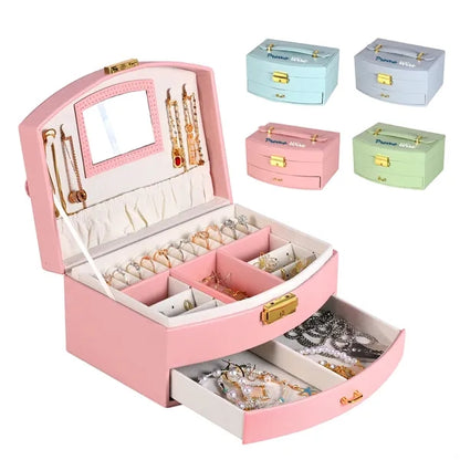 Portable Multi-slot Jewelry Box with Mirror Removable Drawer