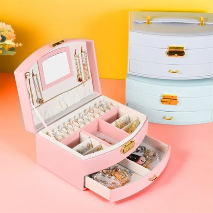 Portable Multi-slot Jewelry Box with Mirror Removable Drawer