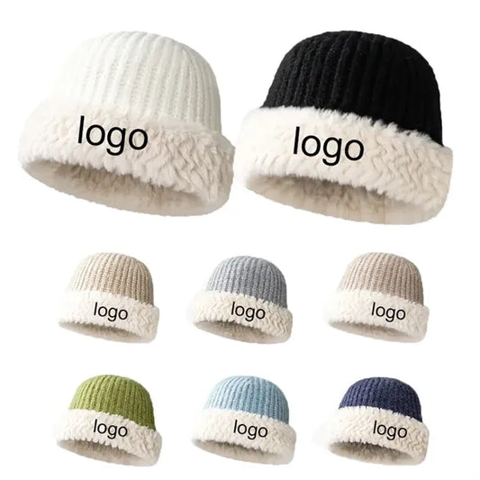 MOQ50PCS Knitted Chunky Winter Beanie Hat with Faux Fur Brim