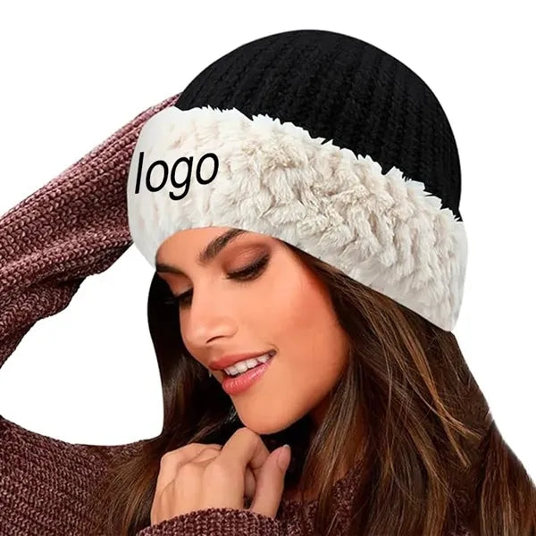 MOQ50PCS Knitted Chunky Winter Beanie Hat with Faux Fur Brim