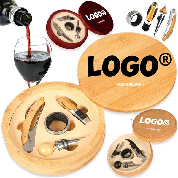 Round Exquisite Wooden Wine Bottle Opener Gift Box Set