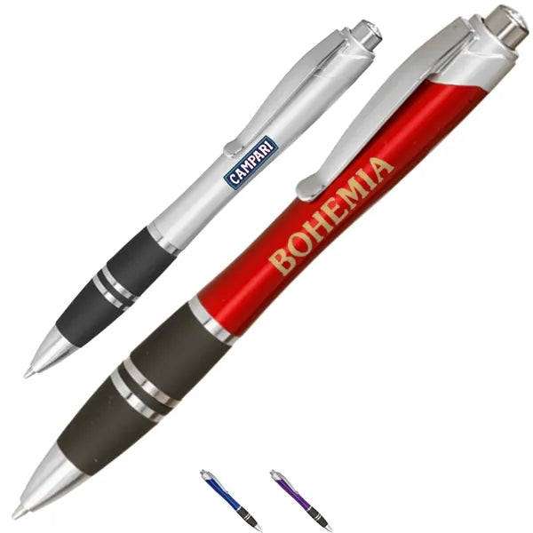 Silver Accent Plastic Pen w/ Rubber Grips & Colorful barrel