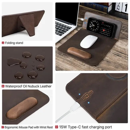 Charging Leather Mousepad with Phone Stand and Wrist Rest