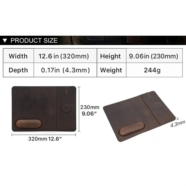 Genuine Leather Wireless Charging Mouse Pad with Wrist Rest