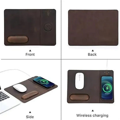 Genuine Leather Wireless Charging Mouse Pad with Wrist Rest