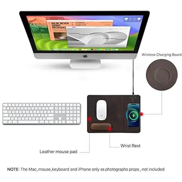 Genuine Leather Wireless Charging Mouse Pad with Wrist Rest