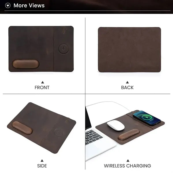 Genuine Leather Wireless Charging Mouse Pad with Wrist Rest
