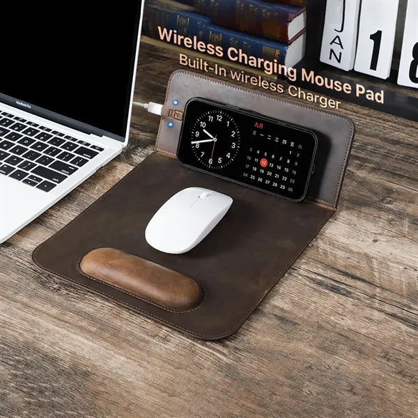 Charging Leather Mousepad with Phone Stand and Wrist Rest