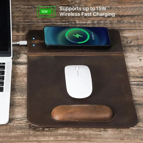 Charging Leather Mousepad with Phone Stand and Wrist Rest