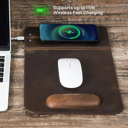 Charging Leather Mousepad with Phone Stand and Wrist Rest