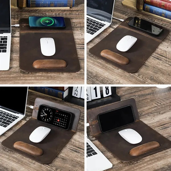 Charging Leather Mousepad with Phone Stand and Wrist Rest