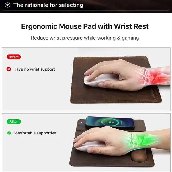 Genuine Leather Wireless Charging Mouse Pad with Wrist Rest