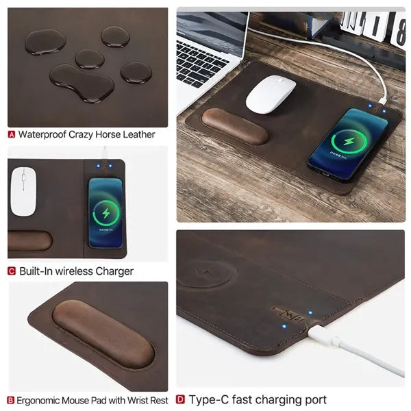 Genuine Leather Wireless Charging Mouse Pad with Wrist Rest