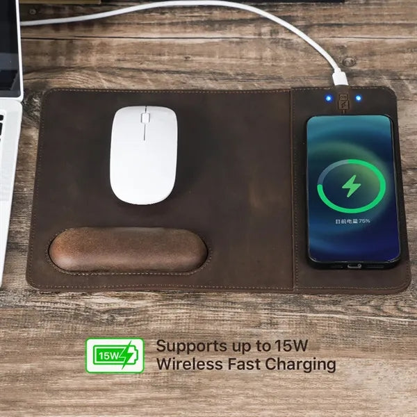 Genuine Leather Wireless Charging Mouse Pad with Wrist Rest