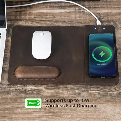 Genuine Leather Wireless Charging Mouse Pad with Wrist Rest