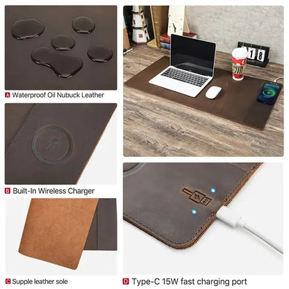 Crazy Horse Leather Wireless Charging Expansion Desk Mat