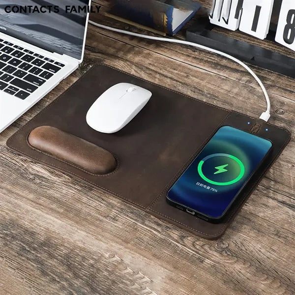 Genuine Leather Wireless Charging Mouse Pad with Wrist Rest
