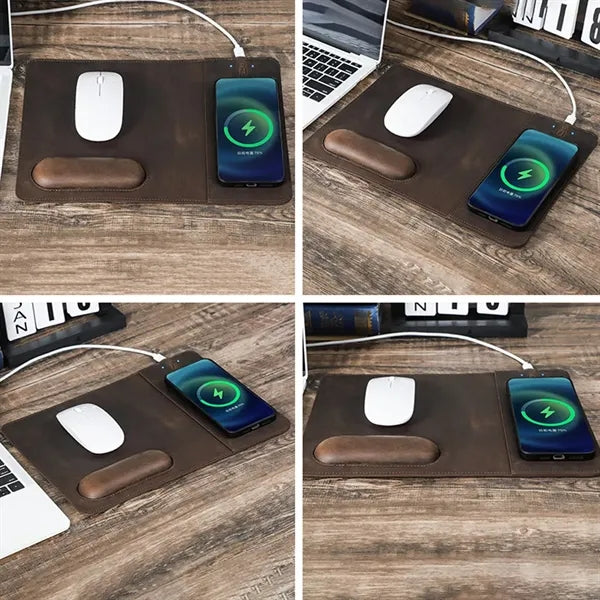 Genuine Leather Wireless Charging Mouse Pad with Wrist Rest