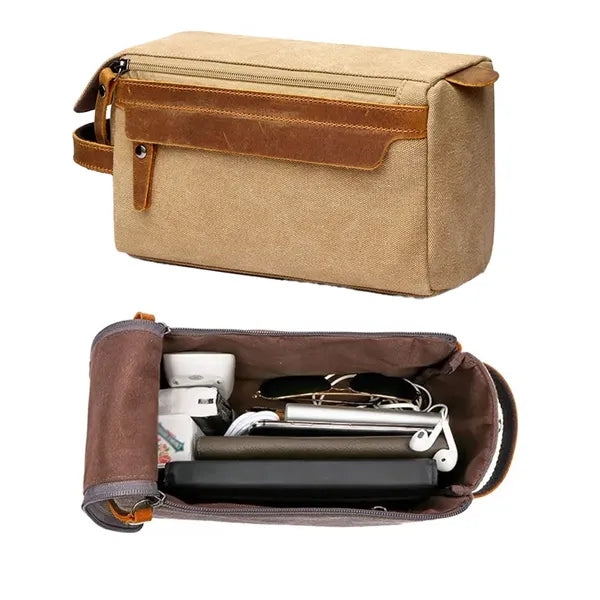 Crazy Horse Leather Canvas Travel Cosmetic Bag