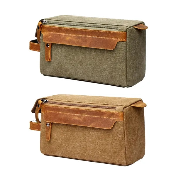 Crazy Horse Leather Canvas Travel Cosmetic Bag