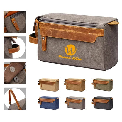 Crazy Horse Leather Canvas Travel Cosmetic Bag