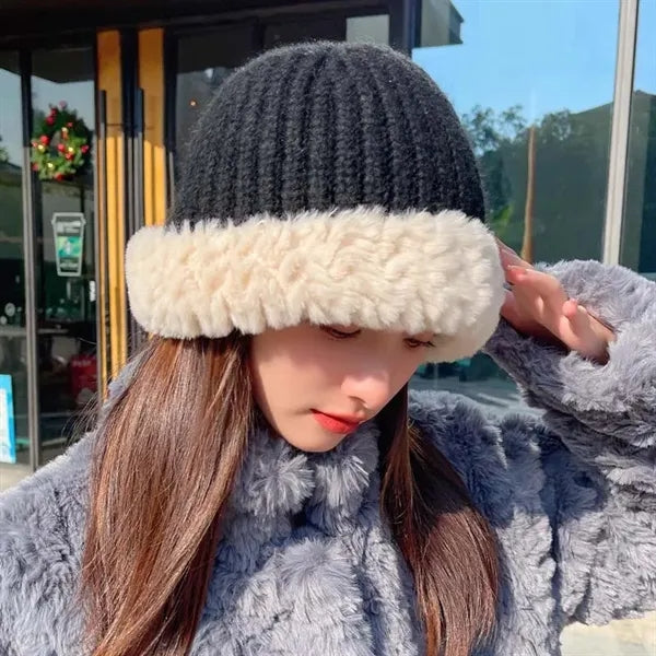 Winter Knitted Beanie with Faux Fur Trim