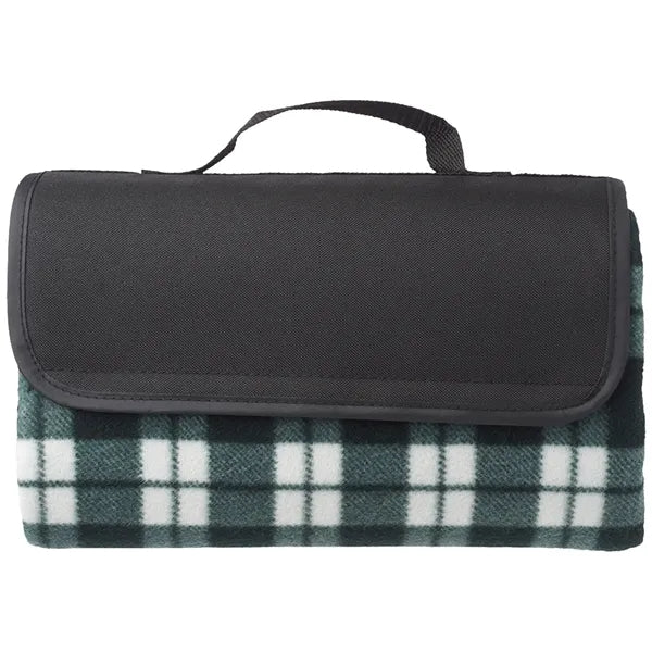 Fleece Blanket w/ Grid Pattern Design & Woven Handle Roll Up