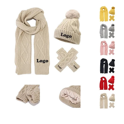 3Pcs Knit Set Hat Neck Warmer Scarf Touch Screen Gloves