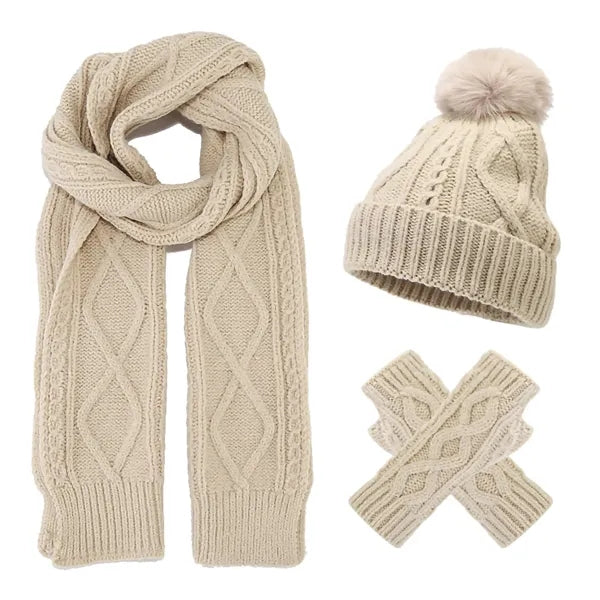 3Pcs Knit Set Hat Neck Warmer Scarf Touch Screen Gloves