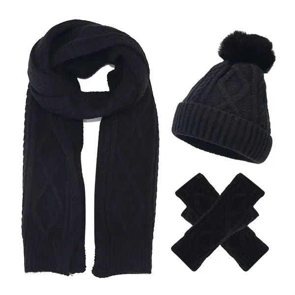 3Pcs Knit Set Hat Neck Warmer Scarf Touch Screen Gloves