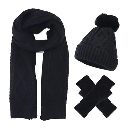 3Pcs Knit Set Hat Neck Warmer Scarf Touch Screen Gloves