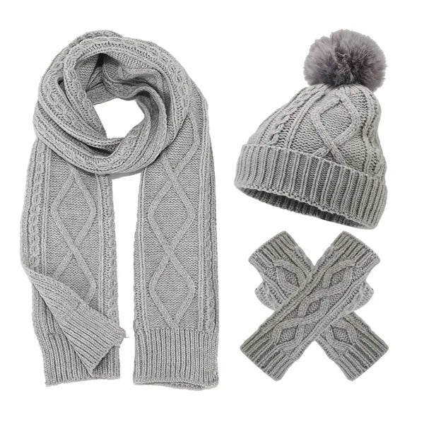 3Pcs Knit Set Hat Neck Warmer Scarf Touch Screen Gloves