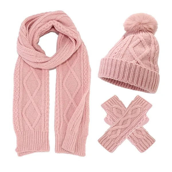 3Pcs Knit Set Hat Neck Warmer Scarf Touch Screen Gloves