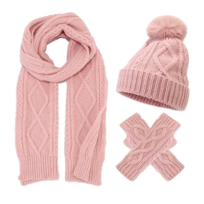 3Pcs Knit Set Hat Neck Warmer Scarf Touch Screen Gloves