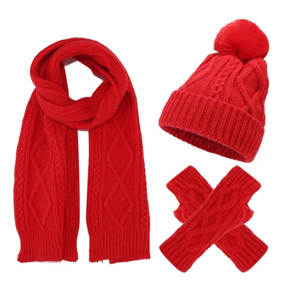 3Pcs Knit Set Hat Neck Warmer Scarf Touch Screen Gloves