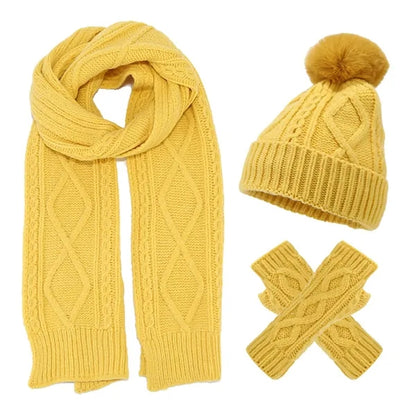 3Pcs Knit Set Hat Neck Warmer Scarf Touch Screen Gloves