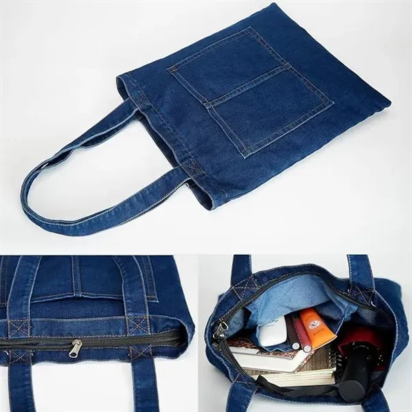 Large Women Denim Tote Bag With Zipper