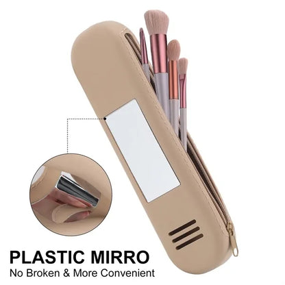 Portable Silicone Makeup Brush Bag w/ Mirror