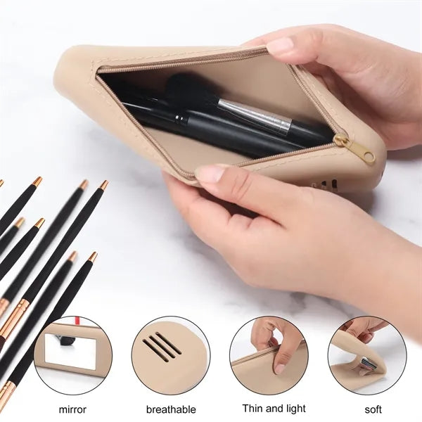 Portable Silicone Makeup Brush Bag w/ Mirror