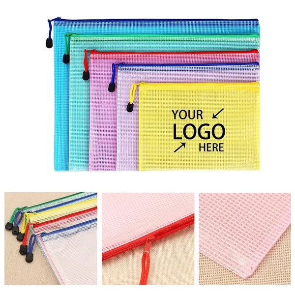 A4 Size Transparent Mesh Zipper Stationery Bag