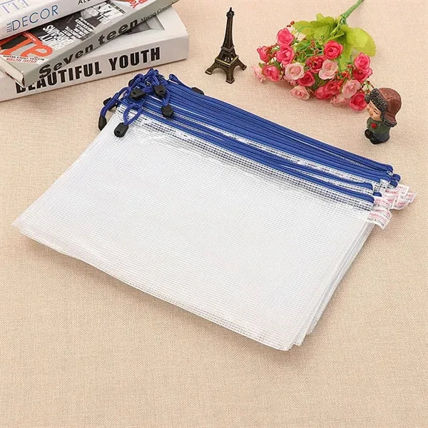 A4 Size Transparent Mesh Zipper Stationery Bag