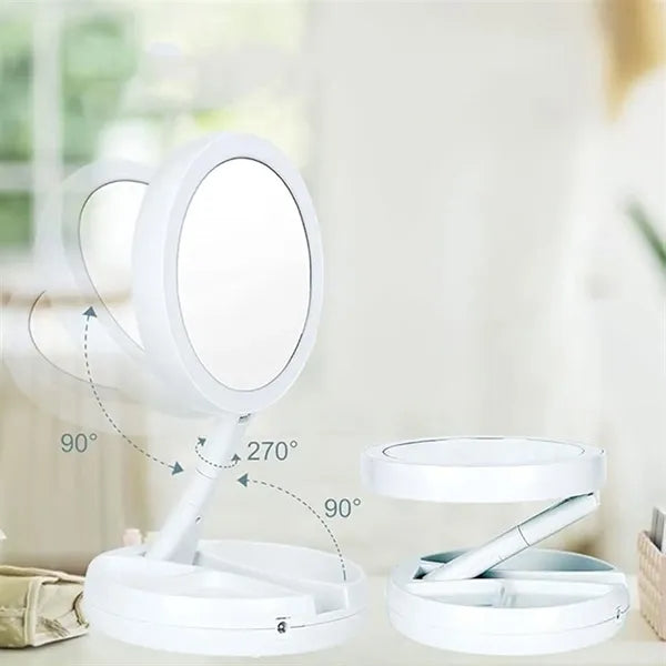Round Folding LED Outdoor Indoor Makeup Mirror Plug In