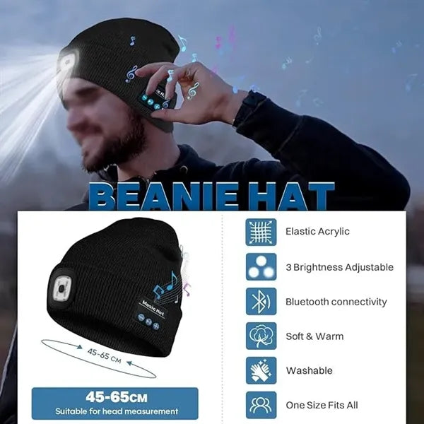 USB Rechargeable Bluetooth Beanie Hat with LED Light