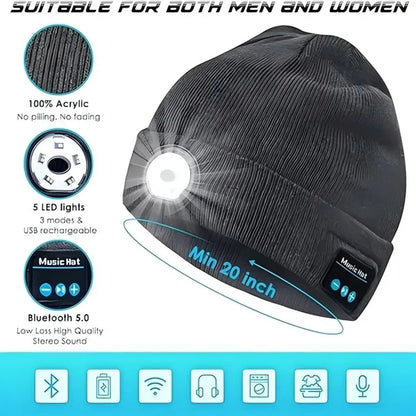 USB Rechargeable Bluetooth Beanie Hat with LED Light