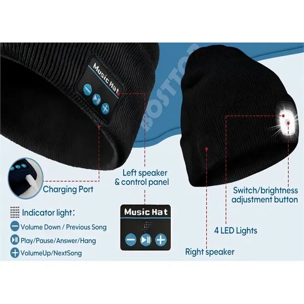 USB Rechargeable Bluetooth Beanie Hat with LED Light