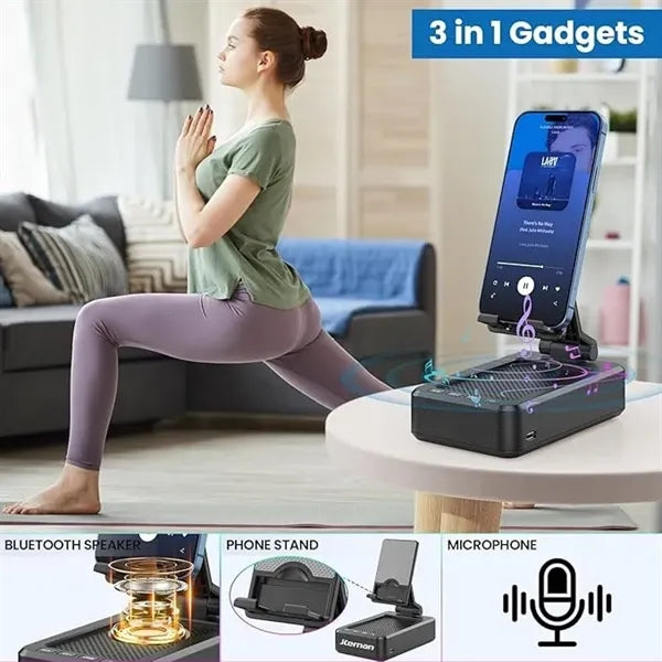 Phone stand with wireless Bluetooth speaker and power bank