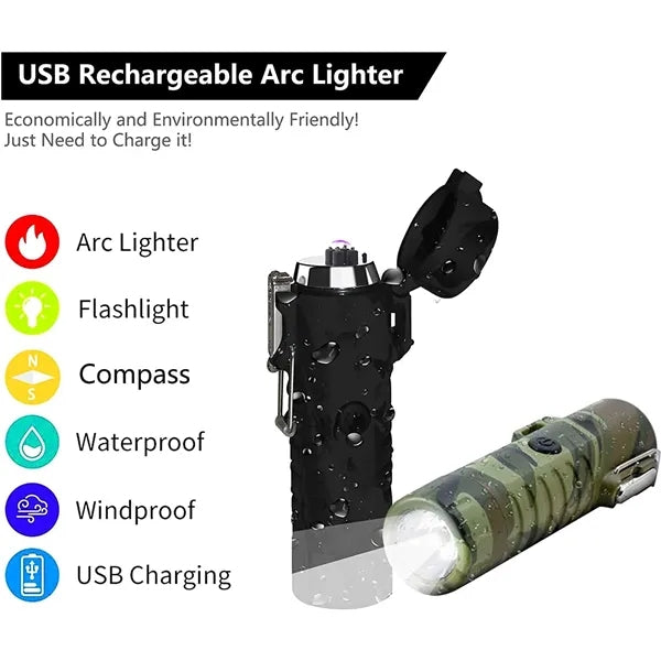Waterproof Windproof Arc Lighter with Flashlight & Compass