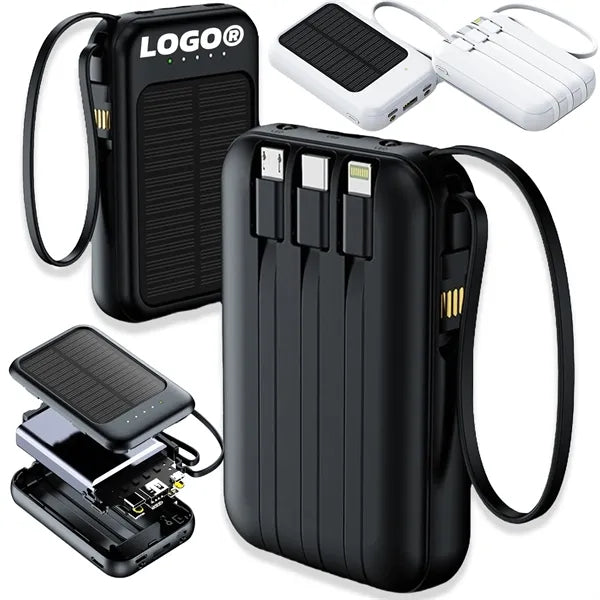 Mini Solar Fast Charging Power Bank With Built In Cable